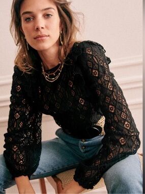 Sezane Salina Black Lace Blouse Top Size 38 US 6